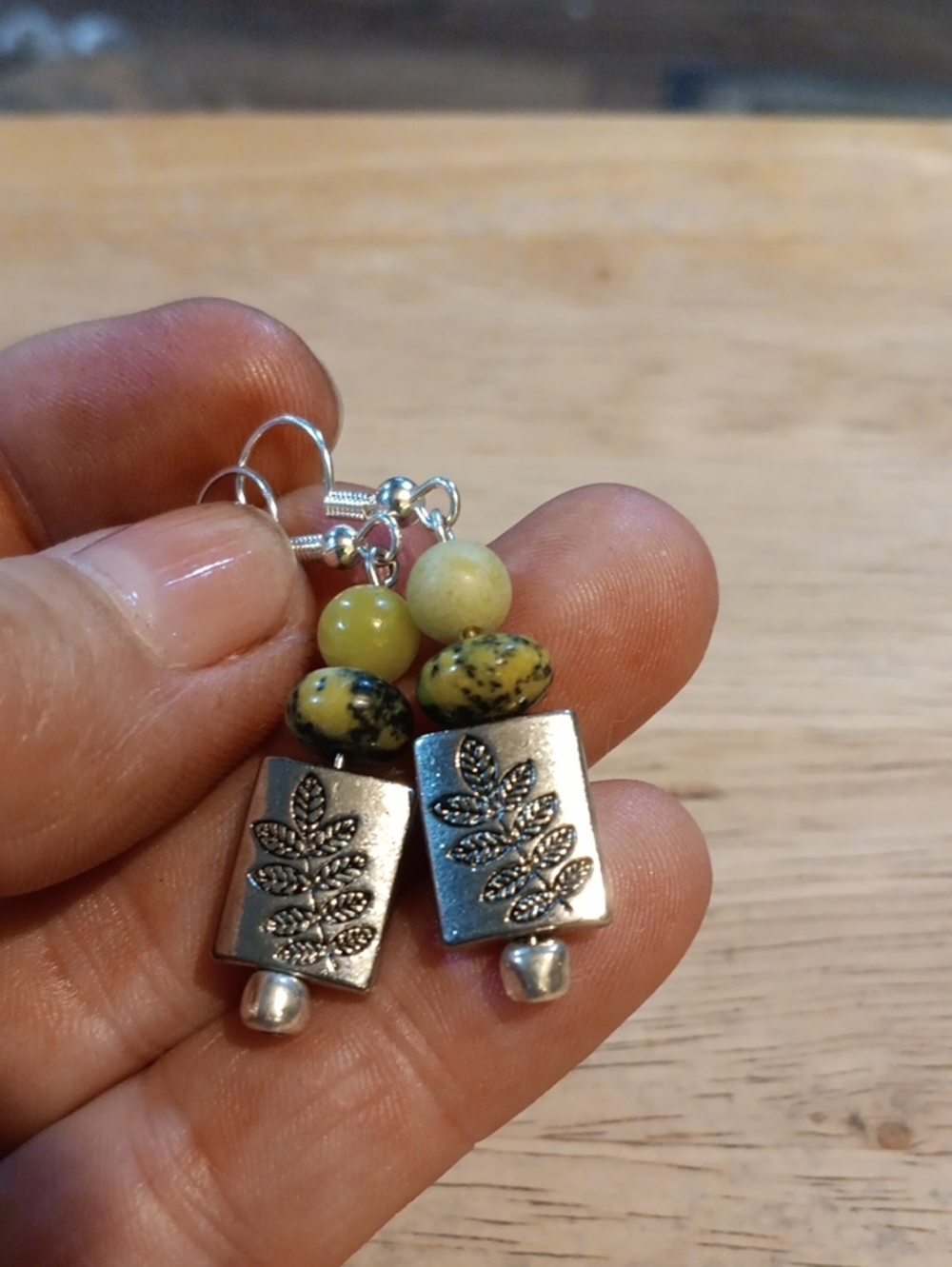Silver Toned Beaded Earrings With New Jade Beads